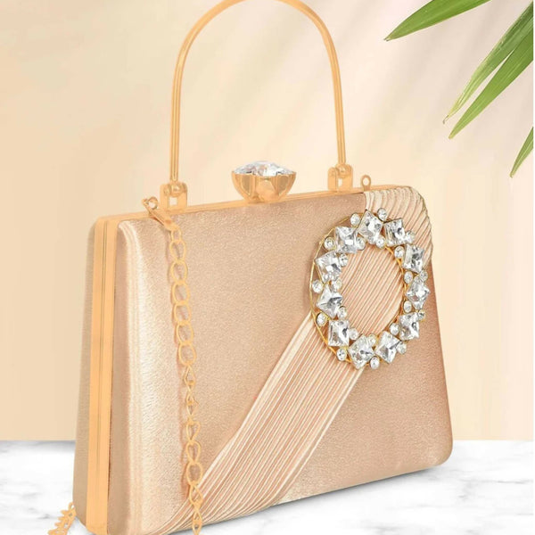 Joban Fashion Luxurious Satin Evening Clutch With Detachable Chain Strap - Golden - Dista
