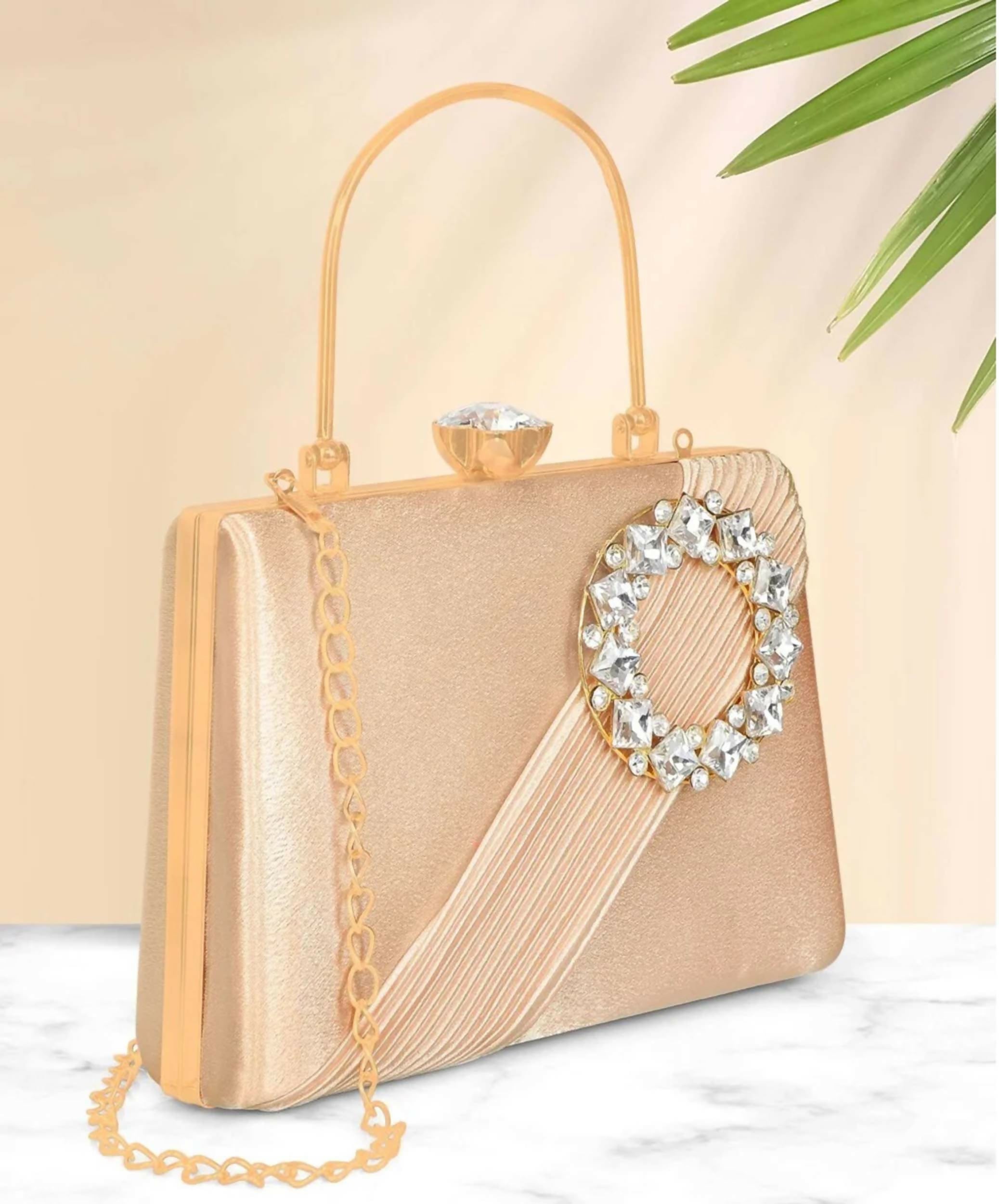 Joban Fashion Luxurious Satin Evening Clutch With Detachable Chain Strap - Golden - Dista