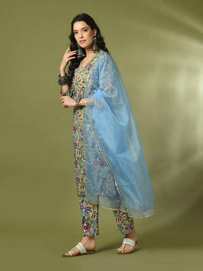 Myshka Women's Multi Printed Cotton Straight Party Kurta Set With Dupatta - Distacart