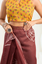 Thumbnail for Vastranavya Dark Brown Digital Printed Linen Ready To Wear Designer Saree with Unstitched Blouse - Distacart