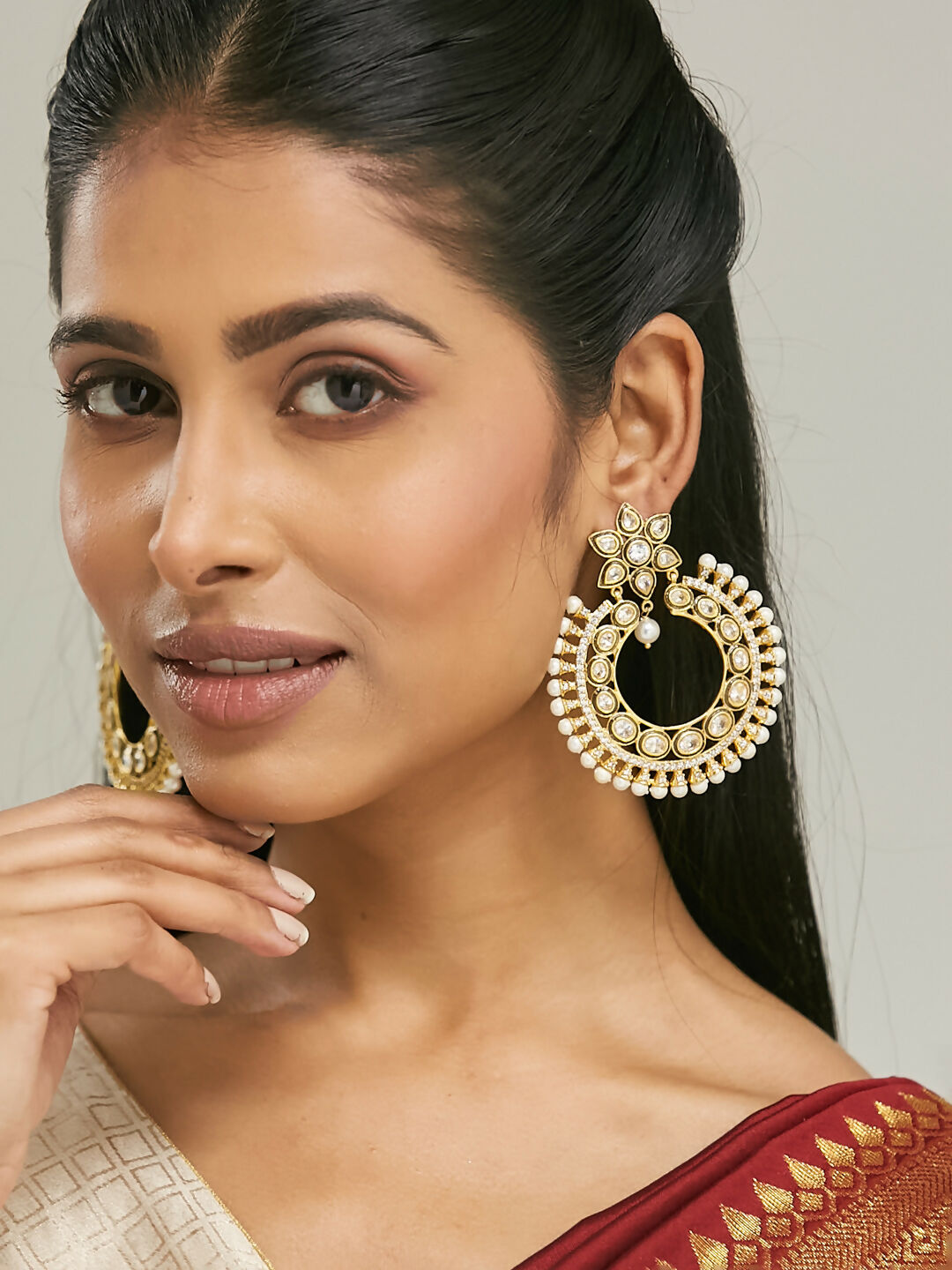 Nuyug 22K Gold-Plated Kundan Studded & Pearl Beaded Floral Chandbali Earrings