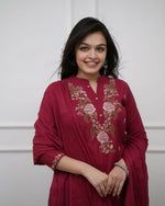 Thumbnail for The52 Women's Beautiful Rayon Slub Fabric Embroidery Work Straight Kurta Pant and Dupatta Set - Distacart