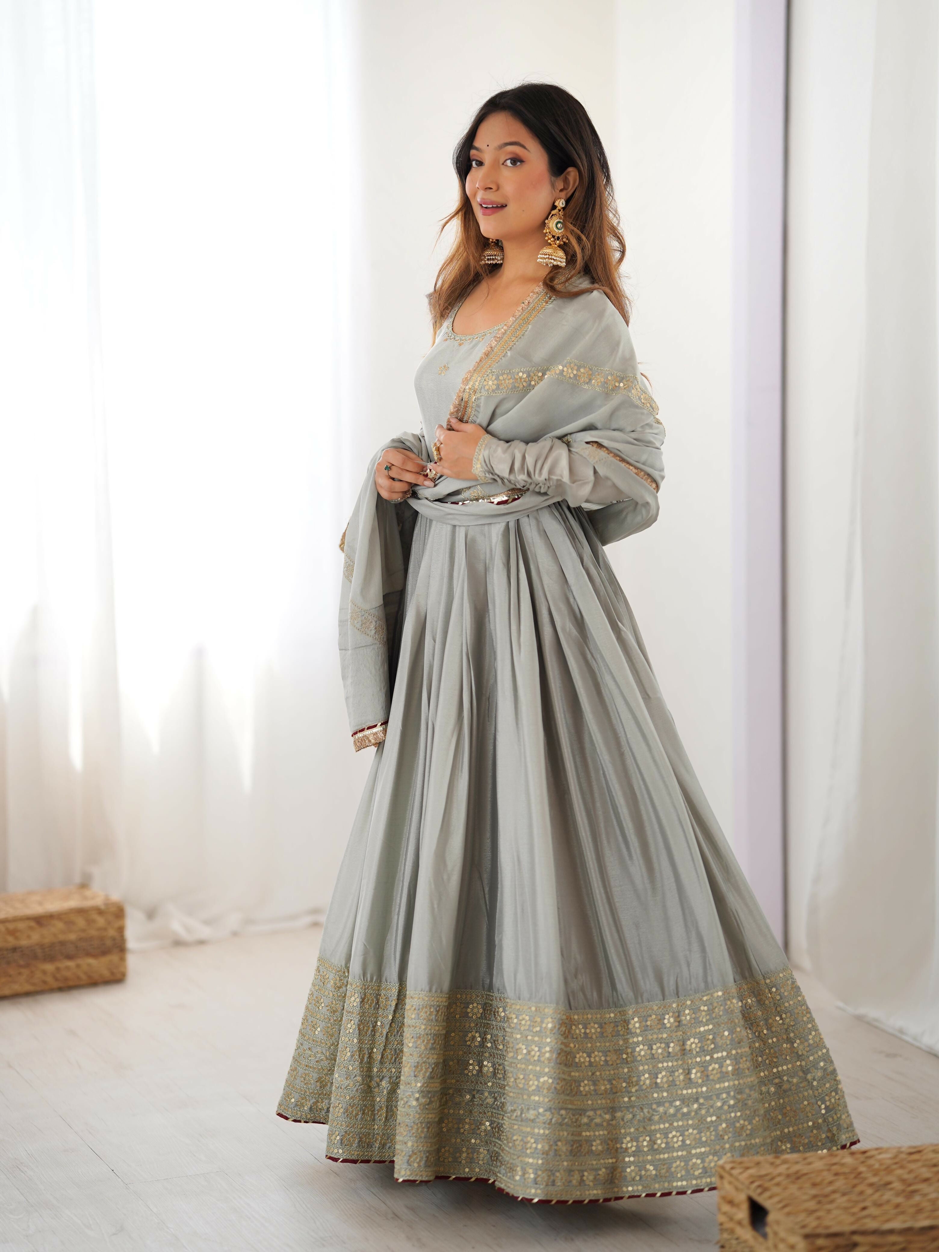 Joban Fashion grey Kurta set with Pant Chinon silk Thread with Sequins work