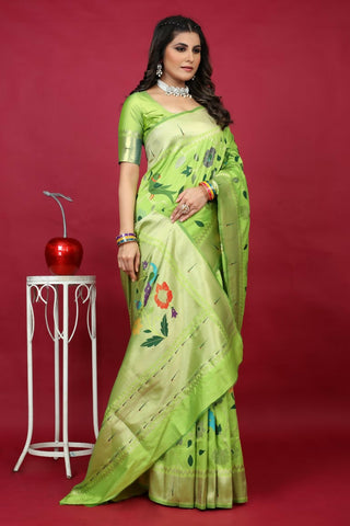 Jyoti Fashion Women's Parrot Green Paithani Silk Zari Woven Saree with Blouse - Distacart
