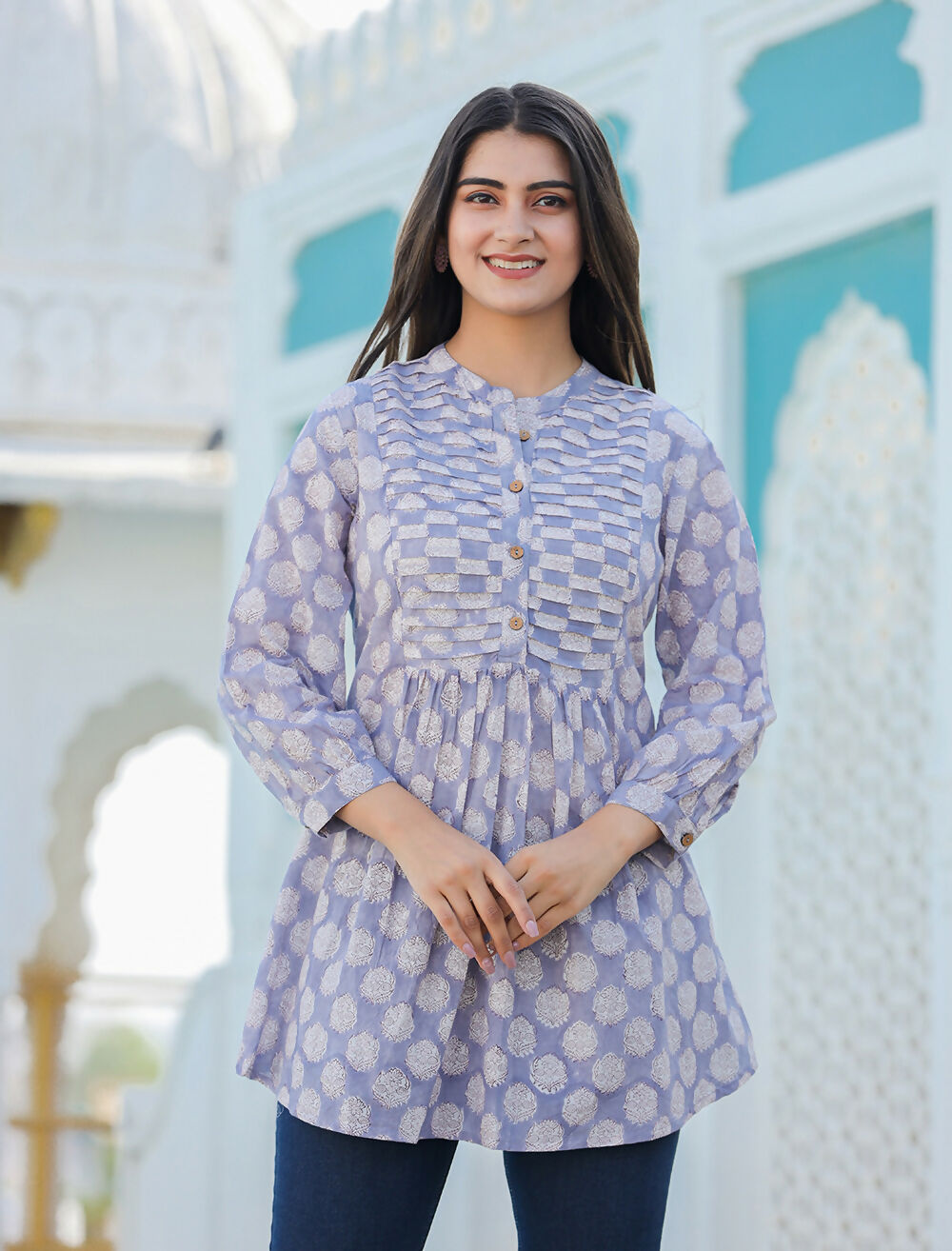 Kaajh Women's Grey Hand Block Printed Cotton Top - Distacart