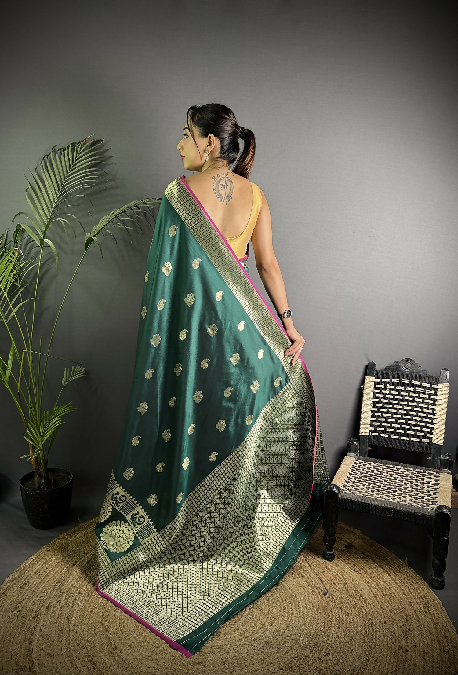 Joban Fashion Dark Green Banarasi Soft Lichi Silk Paisley Saree