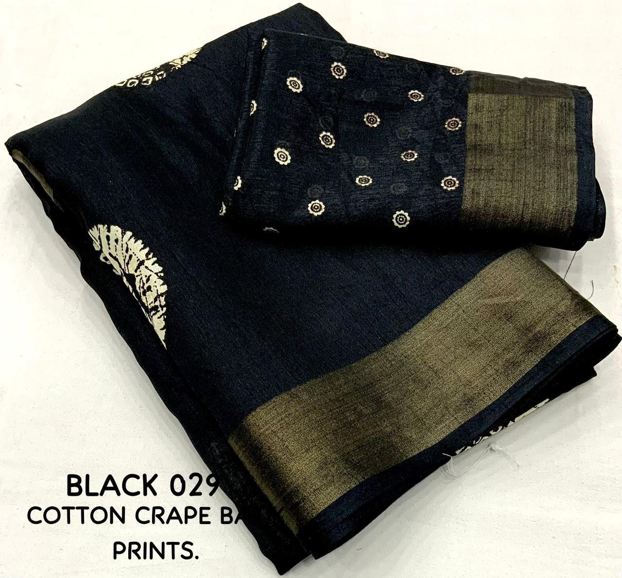 Black Cotton Crepe Batik Print Saree with Unstitched Blouse - Hiral Fashion - Distacart