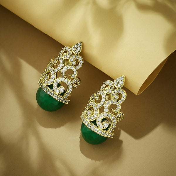 Nuyug 22K Gold-Plated Green Gemstone & Zircon Studded Contemporary Filigree Motif Studs