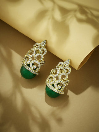 Nuyug 22K Gold-Plated Green Gemstone & Zircon Studded Contemporary Filigree Motif Studs