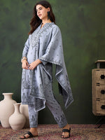 Thumbnail for Sangria Winter Woolen Ethnic Motifs Woven Design Kurta With Trousers & Dupatta