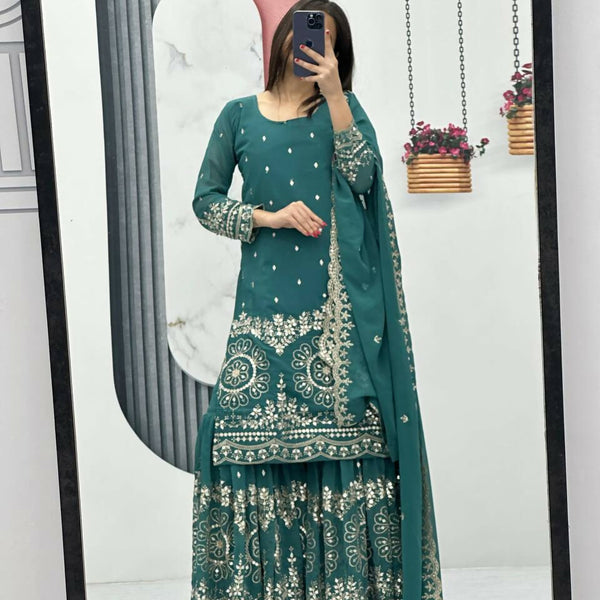 Teeya Creation Womens New Heavy Fox Georgette Fabric With Heavy Embroidery Work Light-Green Kurta Set - Dista