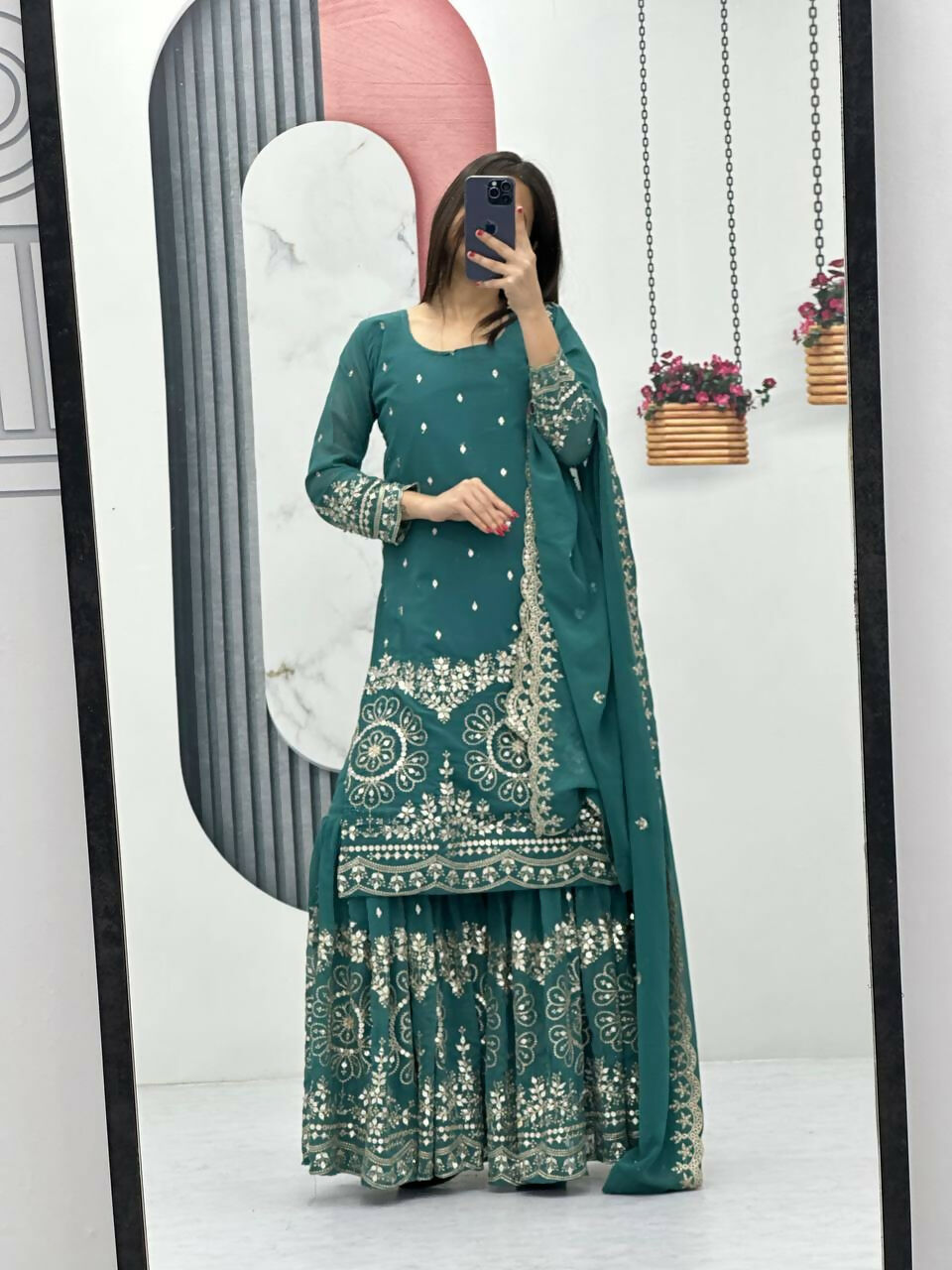 Teeya Creation Womens New Heavy Fox Georgette Fabric With Heavy Embroidery Work Light-Green Kurta Set - Dista