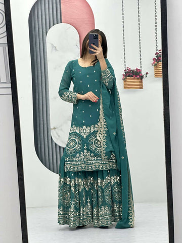 Teeya Creation Womens New Heavy Fox Georgette Fabric With Heavy Embroidery Work Light-Green Kurta Set - Dista
