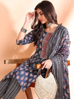 Thumbnail for Ode by House of Pataudi Printed Thread Work Pure Cotton Kurta With Trousers & Dupatta - Distacart