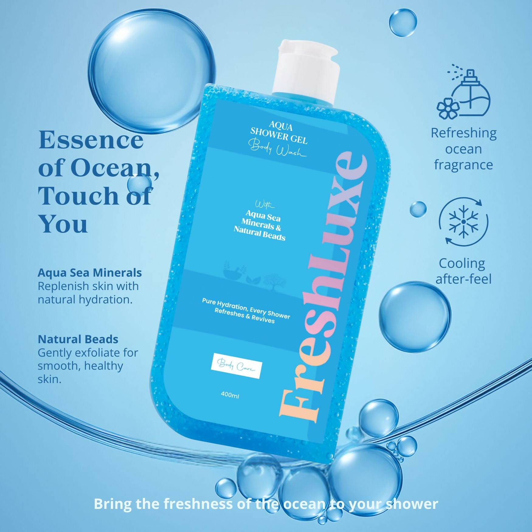 FreshLuxe Aqua Essence Shower Gel Intense Hydration & Exfoliation Cleanser