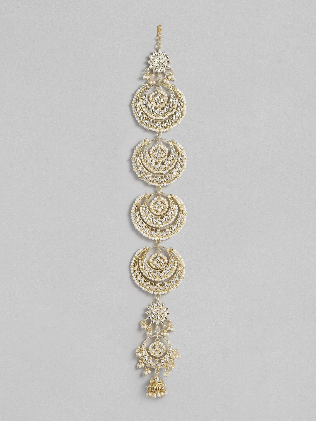 Gold-Plated Metal Traditional Floral Kundan Pearl Studded Beaded Head Chain/Paranda - Wahe Jewels