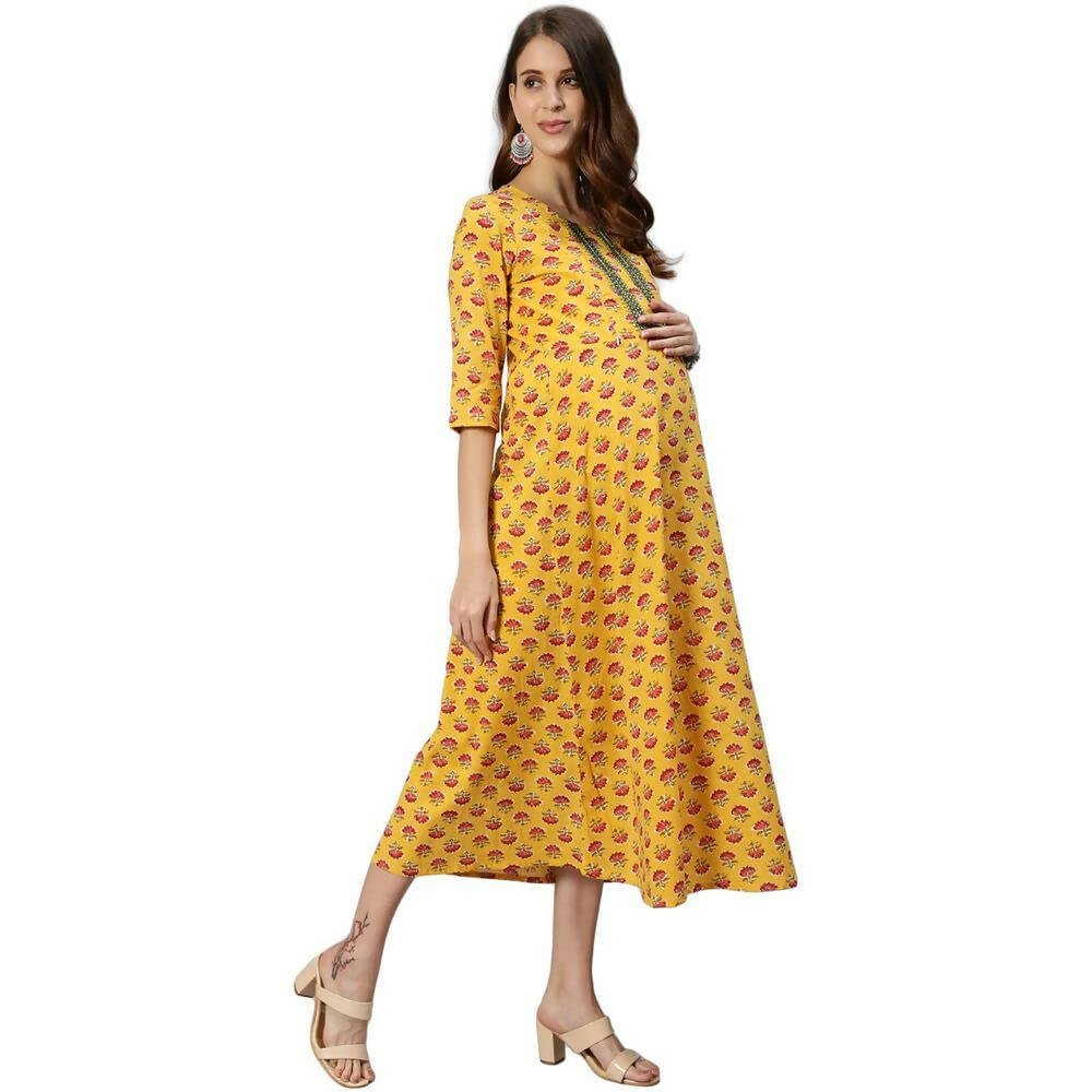 Anubhutee Women's Cotton Knee-Length Floral Printed Maternity A-Line Midi Yellow Dress - Distacart
