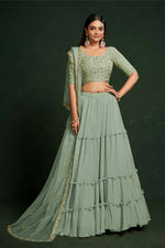 Thumbnail for Aastha Fashion Women's Sea Green Faux Georgette Thread & Sequins Embroidery Party Wear Lehenga Choli - Distacart