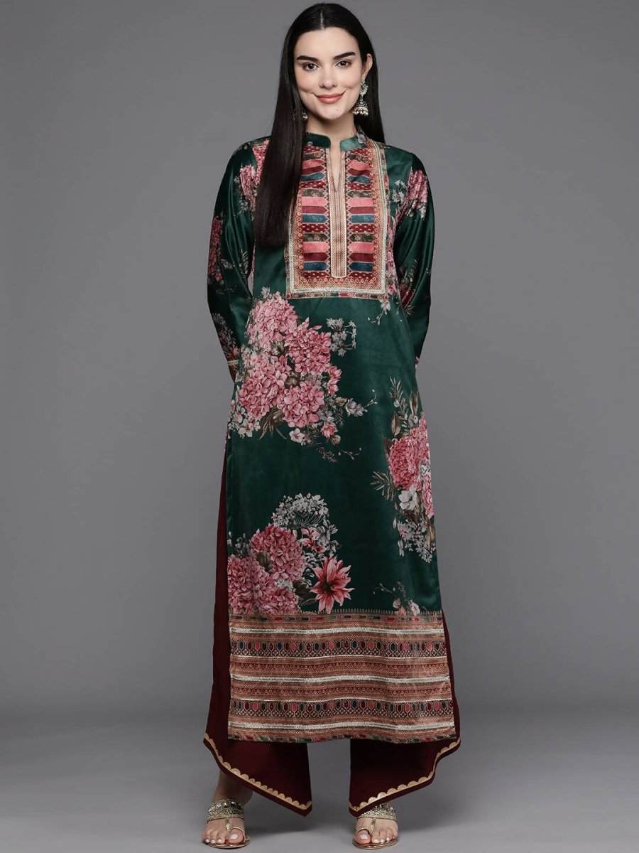 Ahalyaa Women Floral Printed Gotta Patti Velvet Kurta - Green Color - Distacart