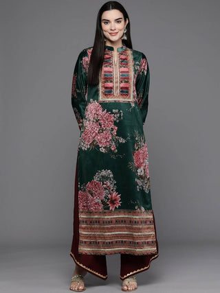 Ahalyaa Women Floral Printed Gotta Patti Velvet Kurta - Green Color - Distacart