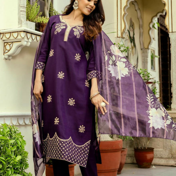 The52 Wine Women's Beautiful Viscose Chanderi Fabric Thread Work Straight Kurta Pant and Dupatta Set - Distacart
