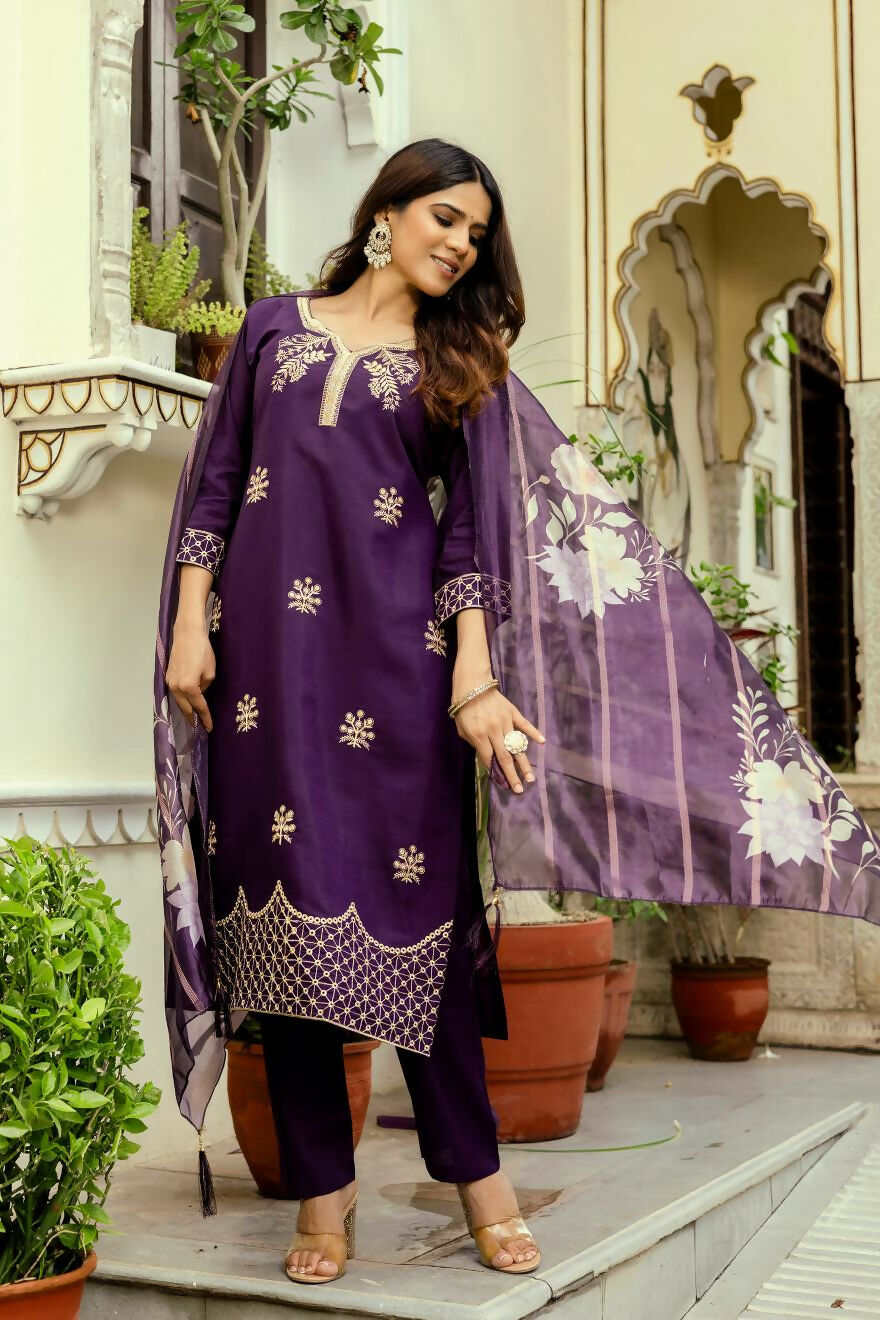 The52 Wine Women's Beautiful Viscose Chanderi Fabric Thread Work Straight Kurta Pant and Dupatta Set - Distacart
