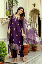 Thumbnail for The52 Wine Women's Beautiful Viscose Chanderi Fabric Thread Work Straight Kurta Pant and Dupatta Set - Distacart