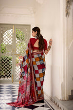 Thumbnail for Vastranavya Maroon Viscose Chanderi Printed with Temple Border Saree & Unstitched Blouse - Distacart