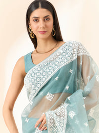 Thumbnail for Blue Organza Geometric Embroidered Saree with Unstitched Blouse Piece - Roozal - Distacart