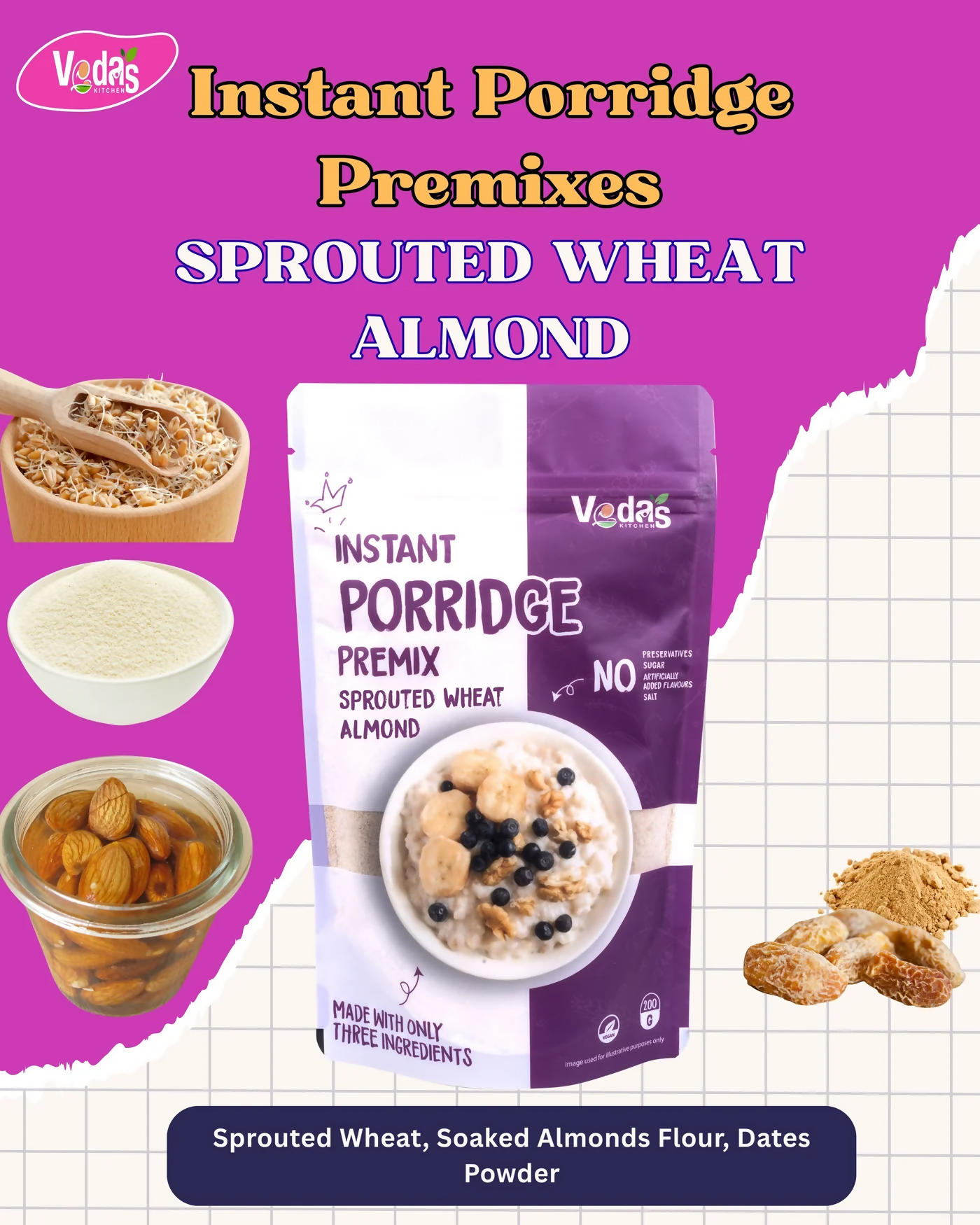 Vedas Kitchen Sprouted Wheat Almond Instant Porridge - Dista