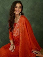 Thumbnail for The52 Orange Women's Gorgeous Embroidered Chinon Fabric Flared Kurta Pant and Dupatta Set - Distacart