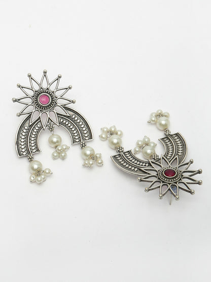 NVR Women's Floral Silver-Plated Artificial Stones and Beads Drop Earrings - Distacart