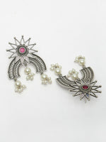Thumbnail for NVR Women's Floral Silver-Plated Artificial Stones and Beads Drop Earrings - Distacart