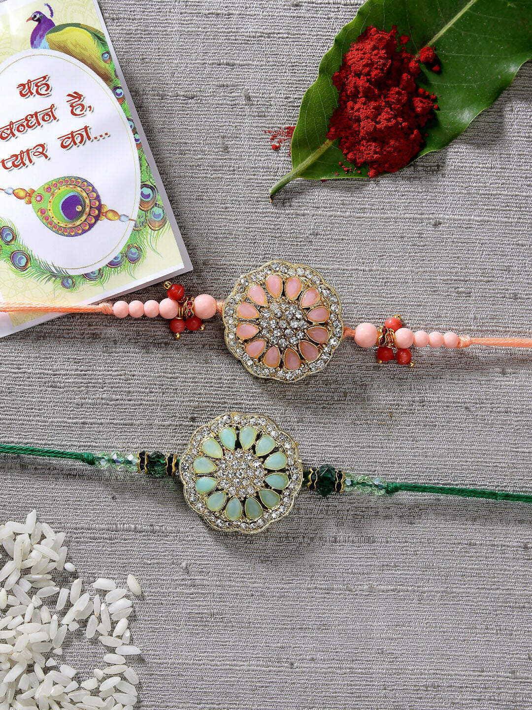 NVR Men Set of 2 Pink & Green Stone-Studded Rakhi With Roli Chawal - Distacart