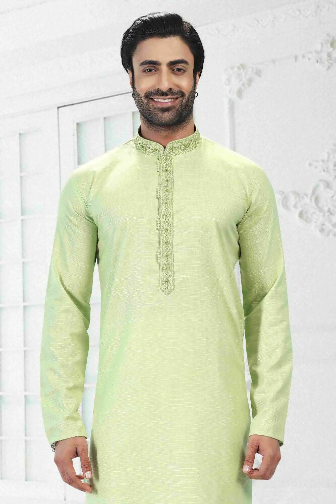 Raivat Ethnic Linen Cotton Thread Work Kurta Pajama In Pista Green Colour - Dista