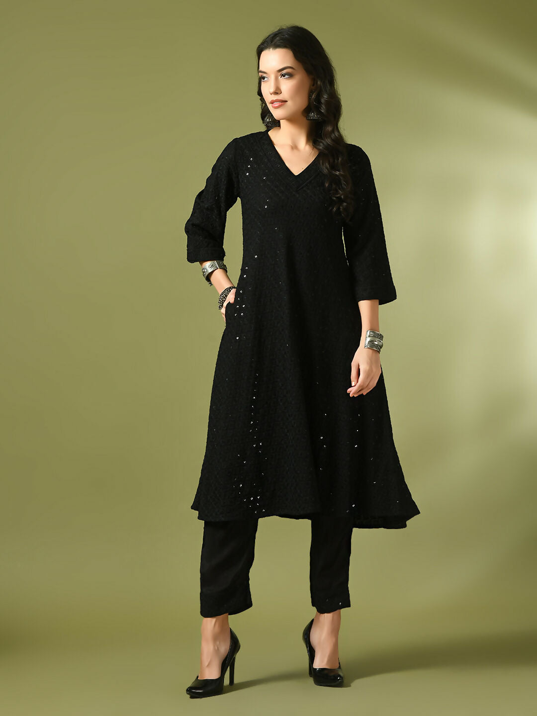 Myshka Women's Black Embroidered Cotton A-Line Party Kurta Set - Distacart