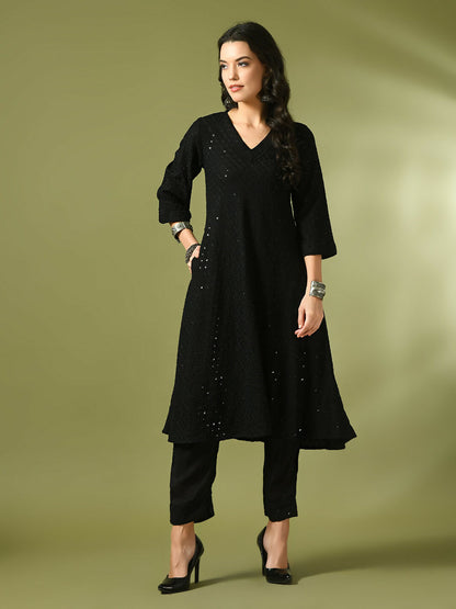 Myshka Women's Black Embroidered Cotton A-Line Party Kurta Set - Distacart