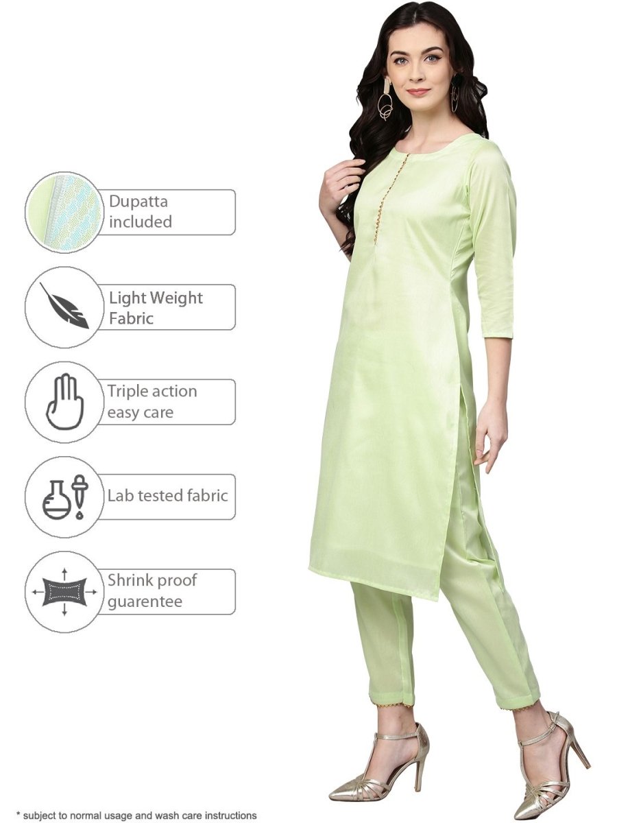 Ahalyaa Women's Sea Green Cotton Blend Solid Kurta Trouser Set With Dupatta