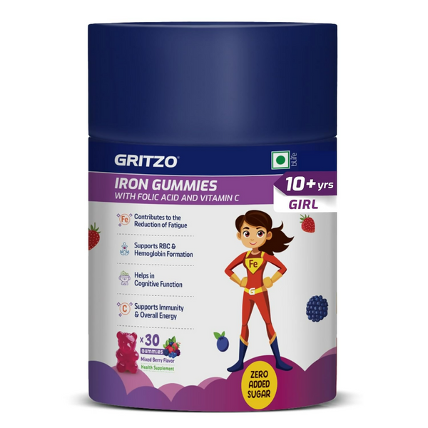 Gritzo Iron Gummies With Folic Acid & Vitamin C (10+y Girls) (Mixed Berry Flavour 30 Gummies) - Distacart