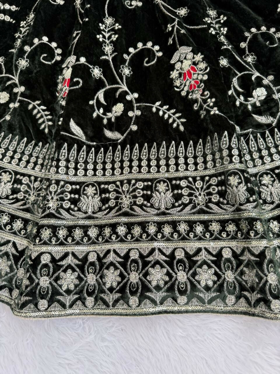 Vastranavya Mehendi Viscose Velvet Thread Sequence Work Top-Bottom With Dupatta