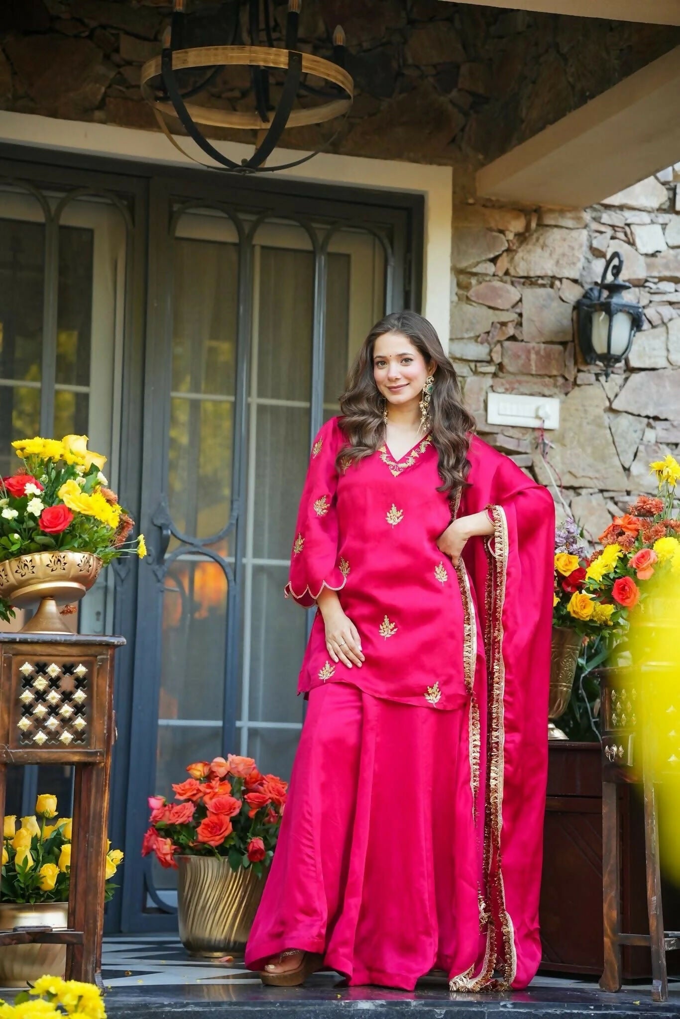 The52 Women's Gorgeous Embroidery Work Frendy Silk Fabric Straight Kurta Palazzo and Dupatta Set-Rani - Dista