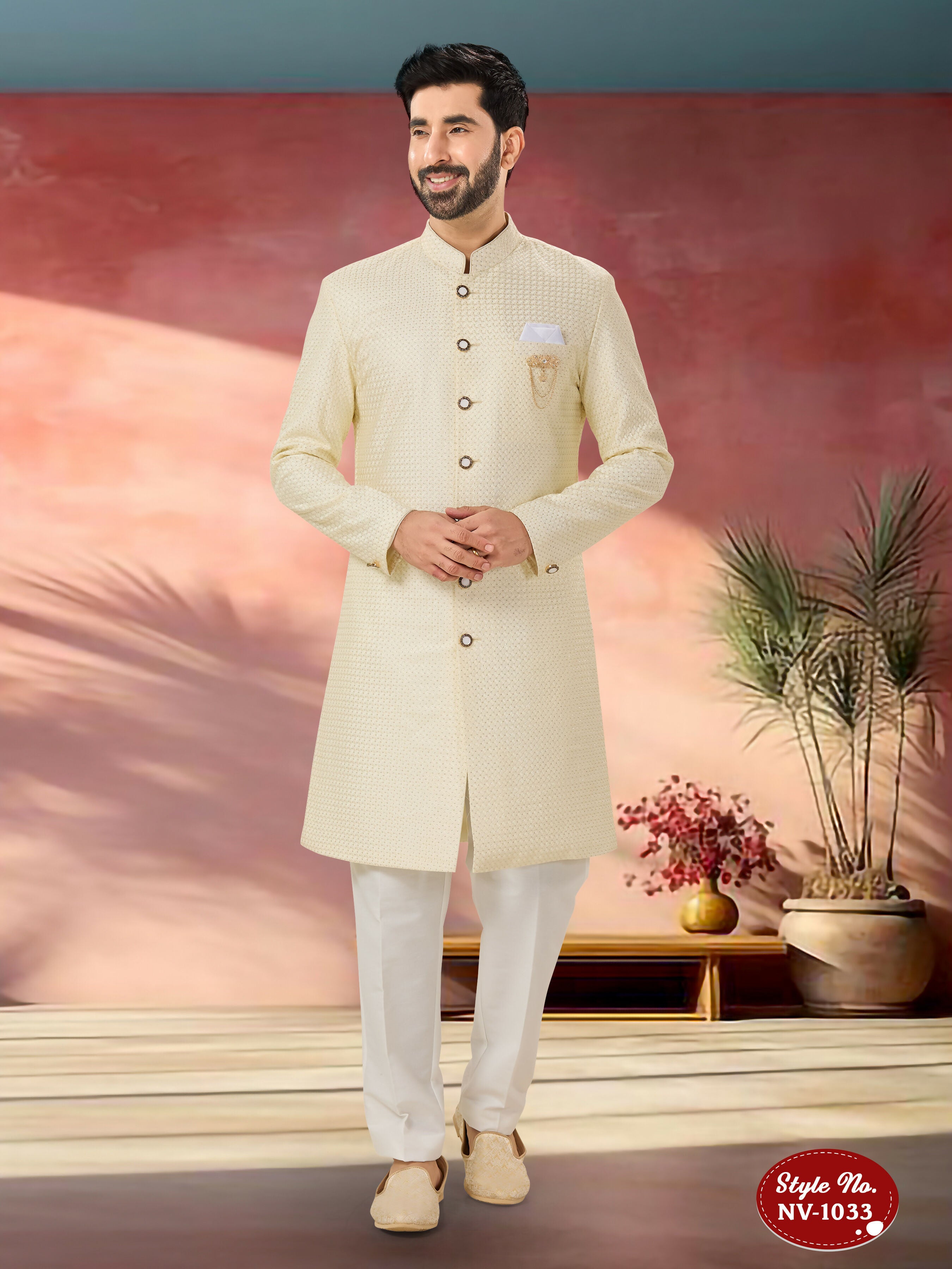 Joban Fashion Men's Cream Straight Silk Thread And Sequence Embroidary All Over Indo-Western Kurta Set - Distacart