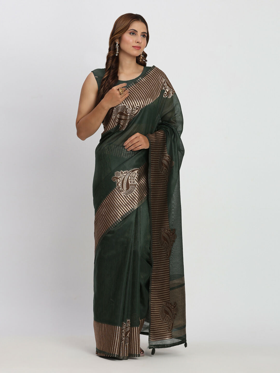Astita Linen Cotton Dark Green Saree