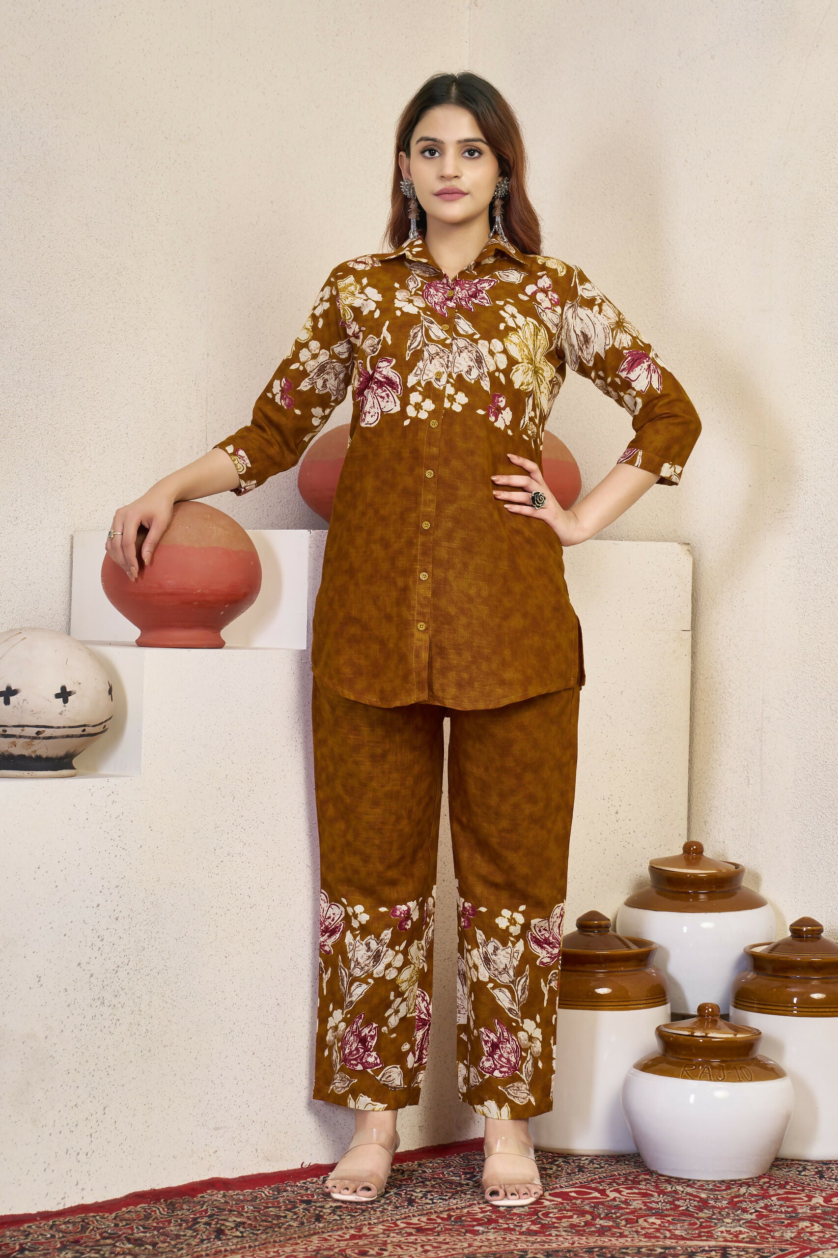 Teeya Creation Women Mustard Yellow Floral Printed Shirt And Trousers Co-Ord Set - Dista