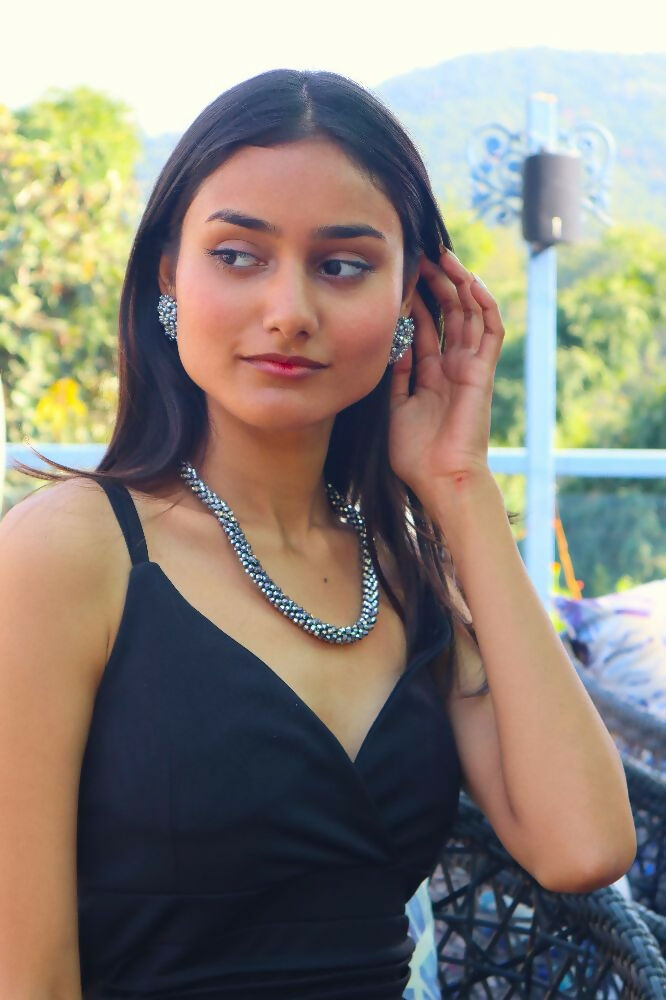 Inhanns Noor-E-Jalwa – Handmade Crystal Bead Necklace / Necklace With Earrings -Adjustable - Titanium - Distacart