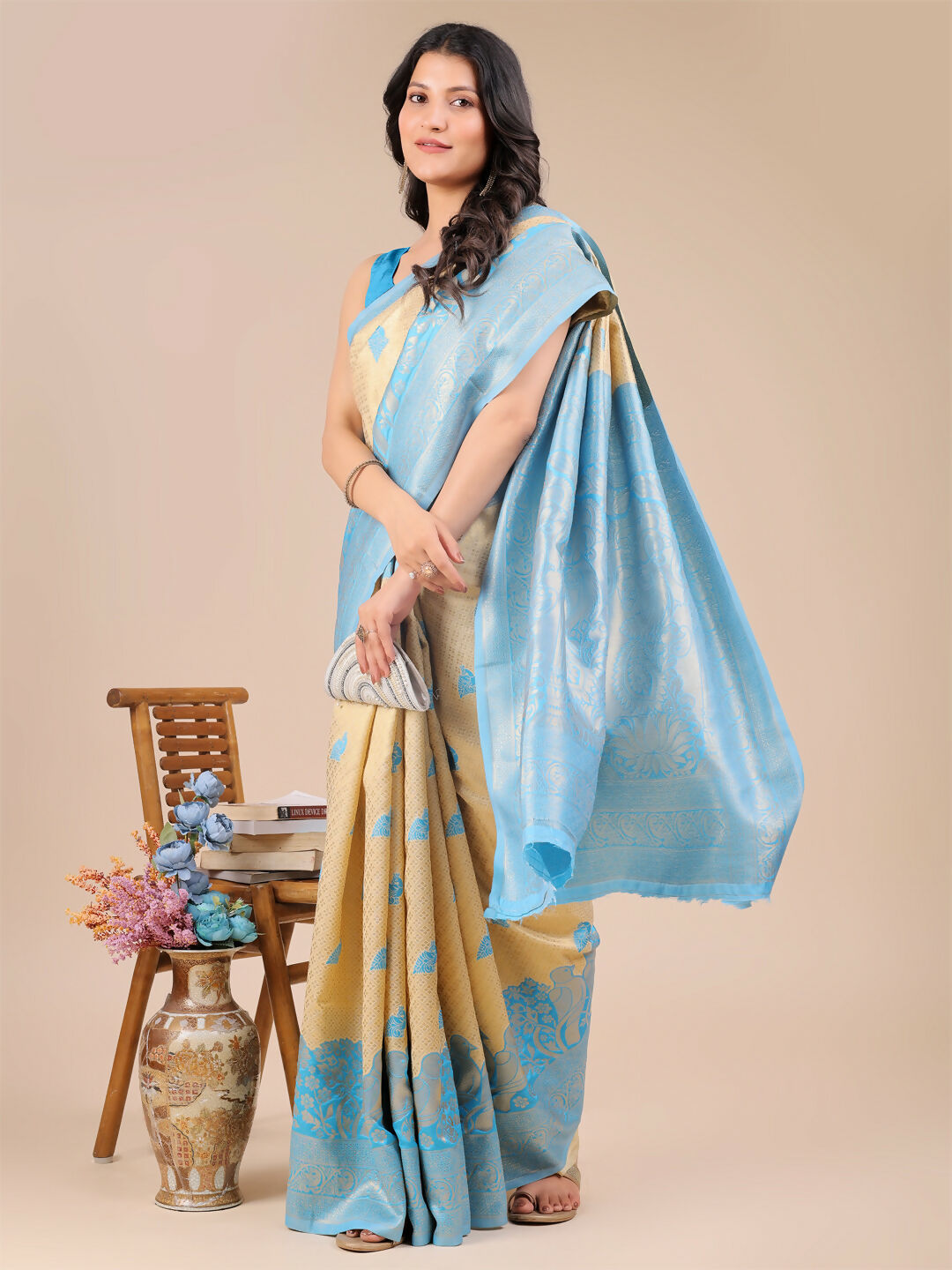 Astita Banarasi Silk Cream & Sky Blue Saree