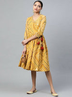 Thumbnail for Anubhutee Mustard Yellow & White Bandhani Cotton Angrakha A-Line Dress - Distacart