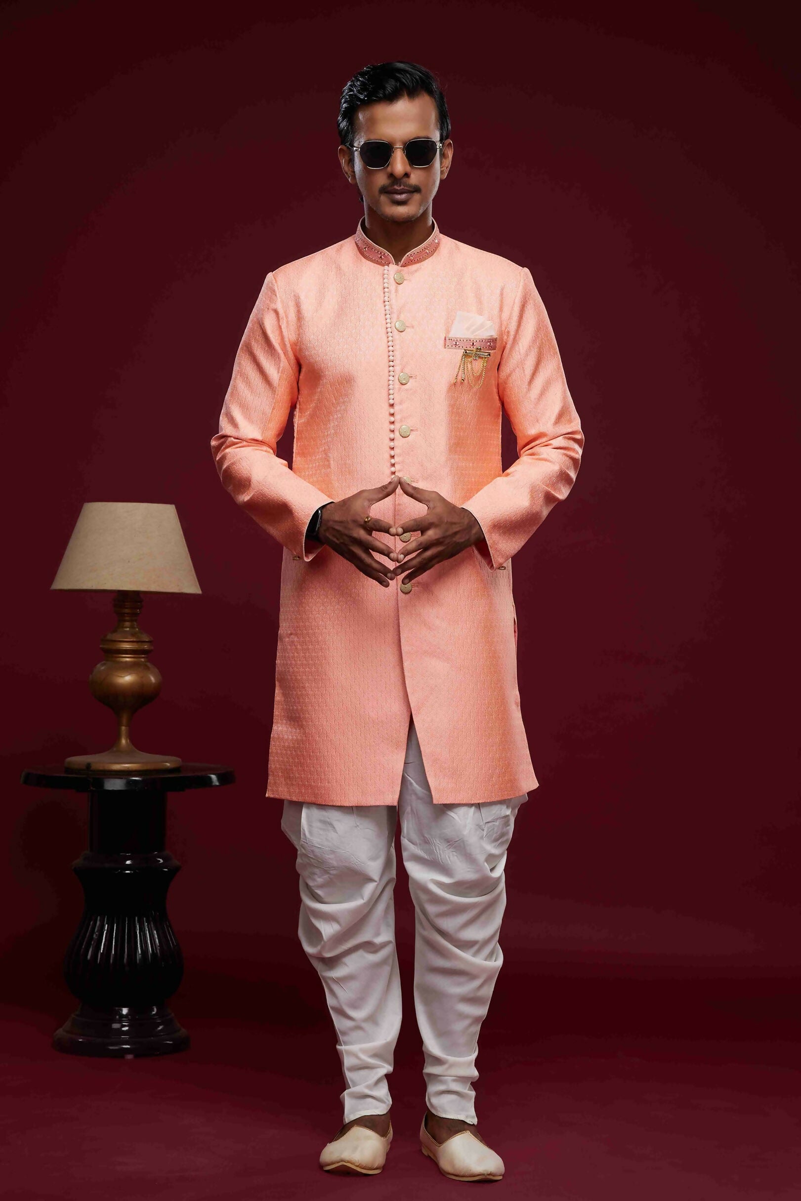 Raivat Ethnic Banarasi Jacquard Embroidery Semi Indo Western Sherwani In Pink Colour