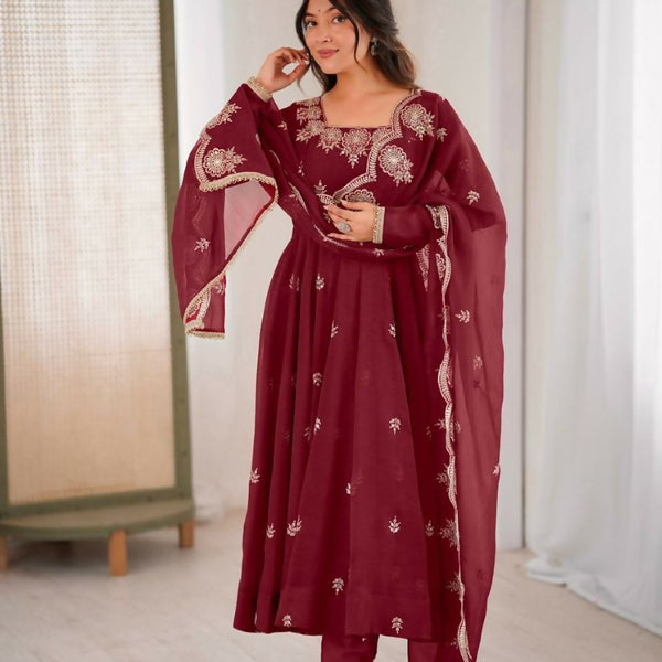Teeya Creation Maroon Color Crunchy Silk Embroidery Work Wedding Wear Gown