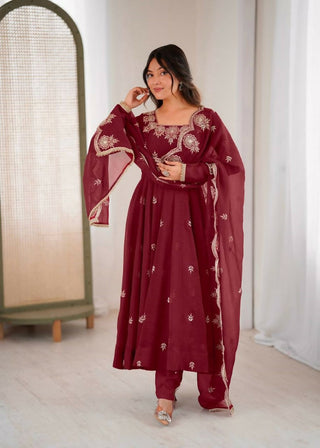 Teeya Creation Maroon Color Crunchy Silk Embroidery Work Wedding Wear Gown